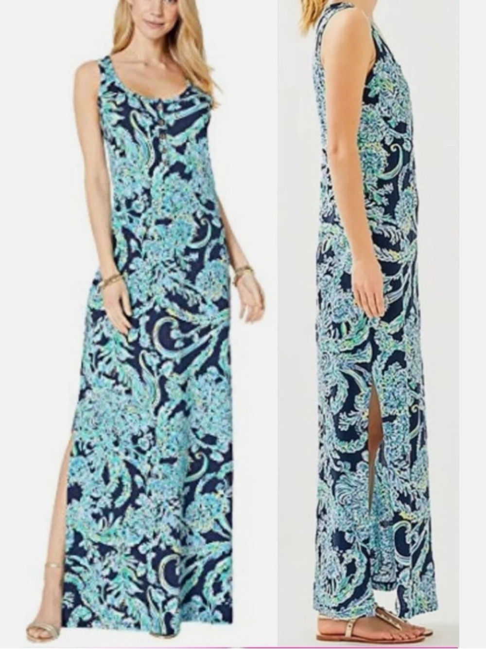Lilly Pulitzer Merril Tropical Floral Maxi Dress in High Tide Navy Size Small